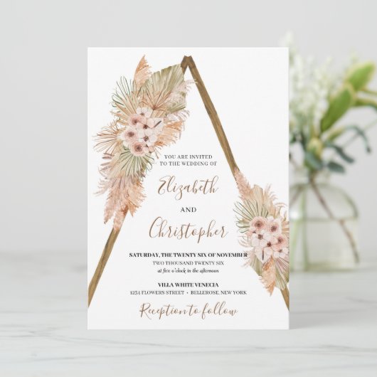 Wüstengetrocknete Palmen Blätter Pampas Gras Holzb Einladung (Stehend Vorderseite)