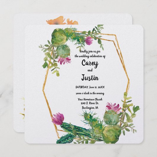 Wüstenhochzeit und Cactus Watercolor-Hochzeit Einladung (Vorne/Hinten)