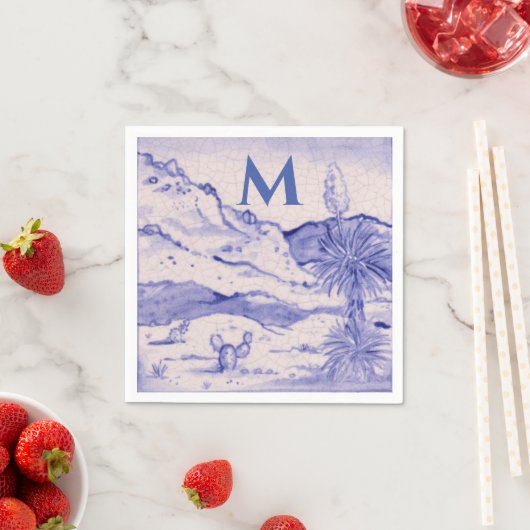 Wüstenkaktus Blaue weiße Landschaft Yucca Monogram Serviette (Beispiel)