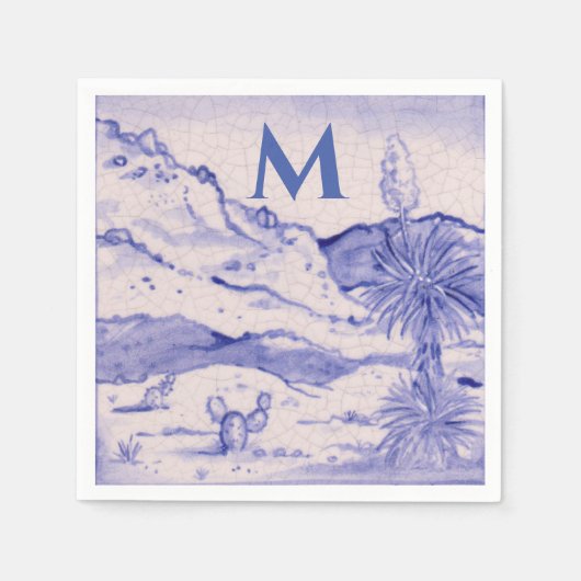 Wüstenkaktus Blaue weiße Landschaft Yucca Monogram Serviette (Vorderseite)