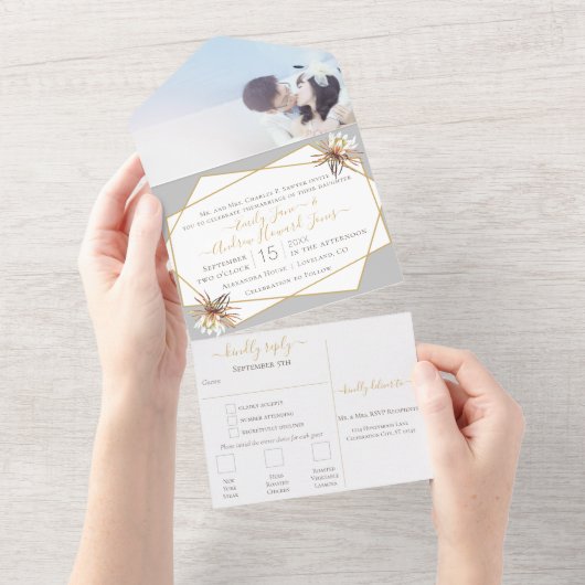 Wüstenkaktus Geometric Gold Frame Wedding All In One Einladung (Abreißtisch)