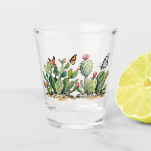 Wüstenkaktus Prickly-Birnen-Pflanze mit Schmetterl Schnapsglas
