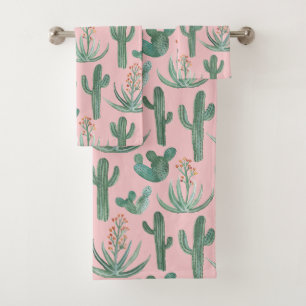 Wüstenkaktus Sukkuläres Wasserfarbmuster Pink Badhandtuch Set