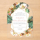 Wüstenkaktus Sukkulent Geometric Gold Wedding Acryleinladungen (Vorderseite)