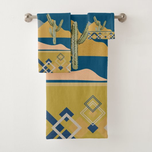 Wüstenkaktus Szene und geometrischer Trim Badhandtuch Set (Insitu)