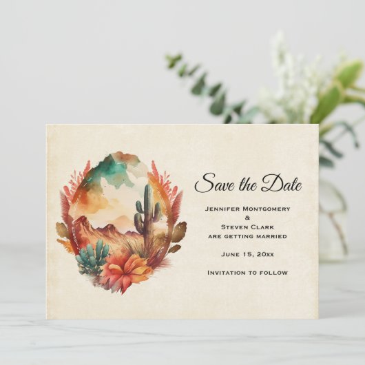 Wüstenkaktus und Gebirge Save The Date (Stehend Vorderseite)