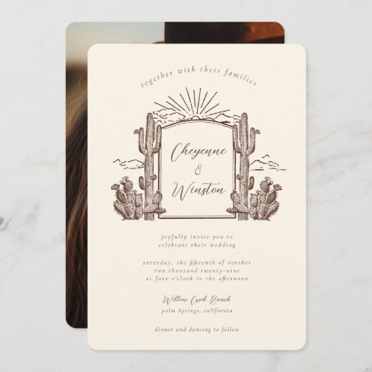Wüstenkaktus Western Monogram Wedding Einladung (Vorne/Hinten)