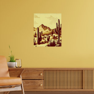 Wüstenlandschaft, Kaktus, Sonnenaufgang, Vintage Poster
