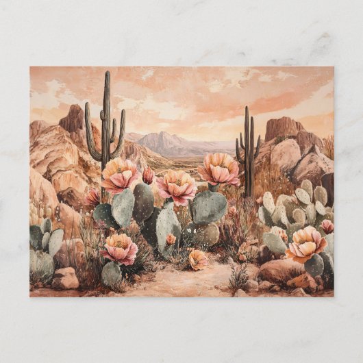 Wüstenlandschaft mit blühendem Kakteen Postkarte (Vorderseite)