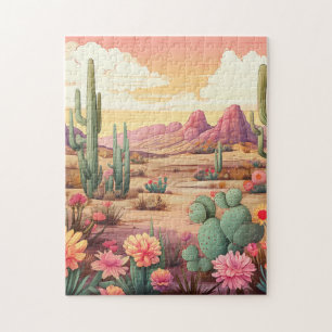 Wüstenlandschaft mit Kaktus und Blumen Puzzle