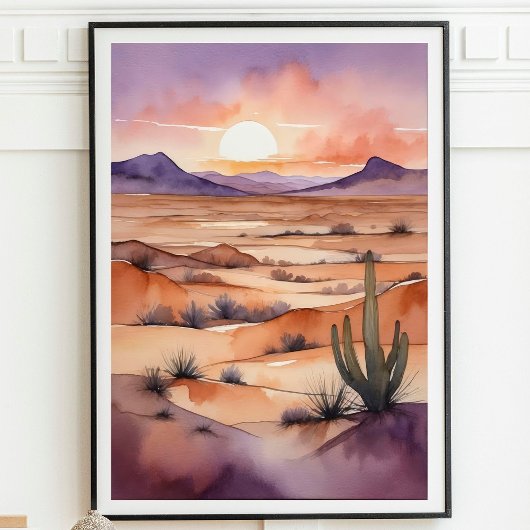 Wüstenlandschaft mit Sonnenuntergang und Kakteen Poster