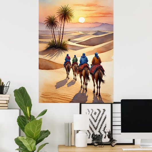 Wüstenreise bei Sunset - Nomadic Camel Caravan Poster (Heimbüro)