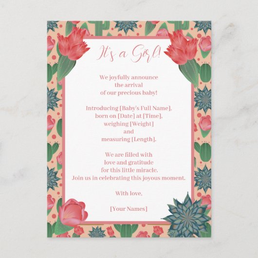 Wüstenrosa Girl Ankündigungspostkarte (Vorderseite)