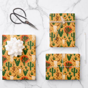 Wüstenschädel Kaktus Schlangen Rustikales Muster Geschenkpapier Set