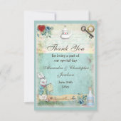 Wütende Hutmacher-Märchenland-Hochzeit danken Dankeskarte (Rückseite)