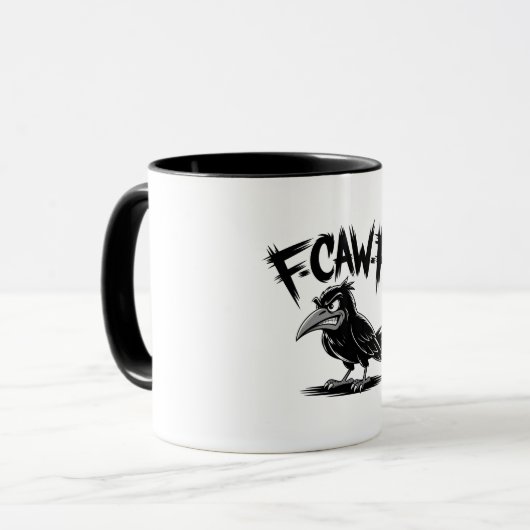 Wütende Krähe “F-CAW-F” – Kantiges Cartoon-Vogelde Tasse (Vorderseite Links)