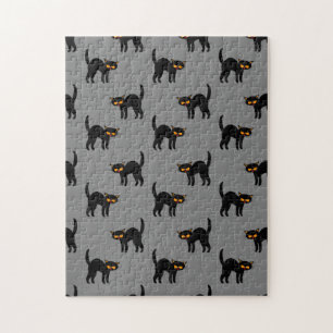 Wütende schwarze Katze gelbe Augen grau Halloween- Puzzle