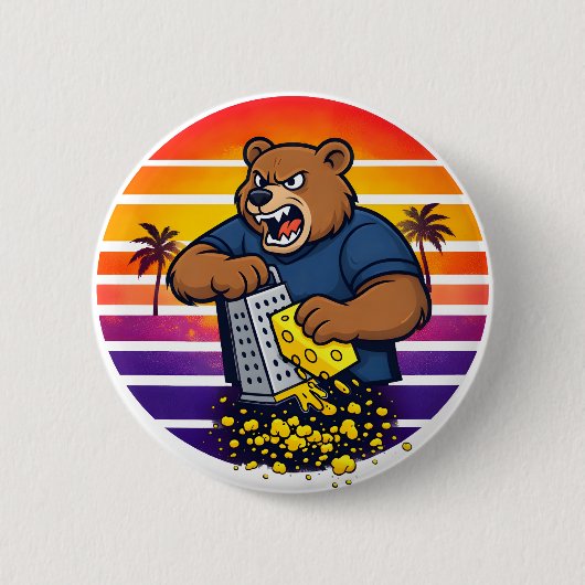 Wütender Bär mit Käsehobel-Hut und Sonnenbrille Button (Vorderseite)