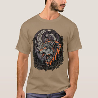 Wütender Nordischer Wolf Mond Rabe Wikinger Kunst T-Shirt