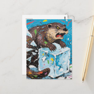 Wütender Otter, der einen Eisblock zerbricht Postkarte