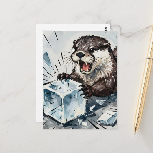 Wütender Otter, der einen Eisblock zerbricht Postkarte (Vorderseite/Rückseite Beispiel)