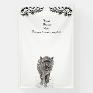Wütender schwarzer Wolf im Schnee, wilder Winter Banner