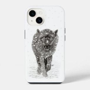 Wütender schwarzer Wolf im Schnee, wilder Winter iPhone 14 Hülle