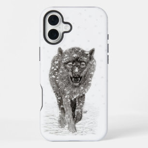 Wütender schwarzer Wolf im Schnee, wilder Winter iPhone 16 Plus Hülle