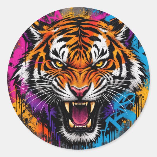 Wütender Tiger auf Runder Aufkleber (Vorderseite)