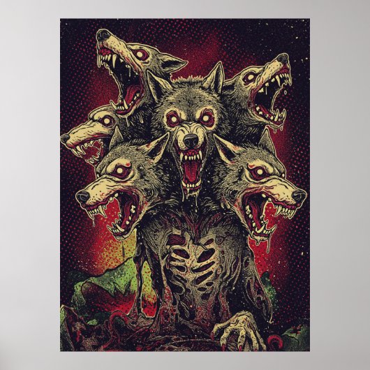 Wütendes dreiköpfiges Werwolf-Monster Poster (Vorne)