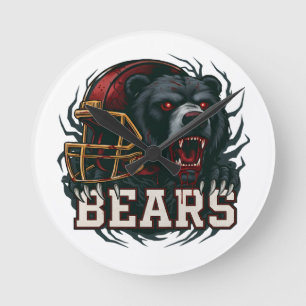 Wütendes Fußball-Bären-Maskottchen Rotes Helmet Sp Runde Wanduhr