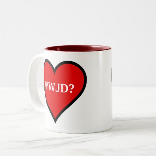 WWJD Heart Zweifarbige Tasse (Vorderseite Links)
