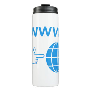 WWW World Wide Web Globus-Symbol mit Handzeiger Thermosbecher