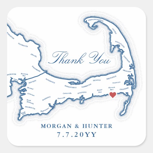 Wychmere Cape Cod Map Danke Gastgeschenk Hochzeit Quadratischer Aufkleber (Vorderseite)