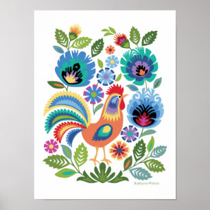 Wycinanki Hahn & Blumen auf Weiß, Polnische Volksk Poster