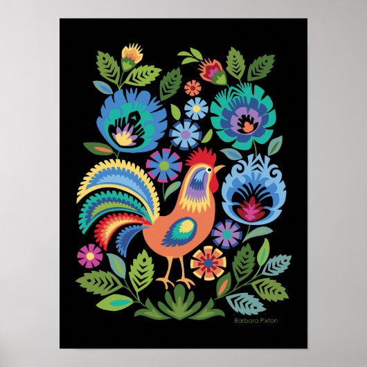 Wycinanki Hahn & Blumen, Polnischer Volksstil Poster (Vorne)