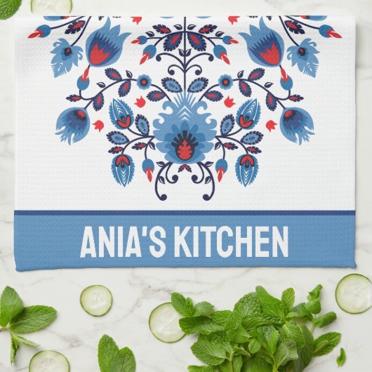 Wycinanki Lowicz Overture in Blue und Red Geschirrtuch (Gefaltet)