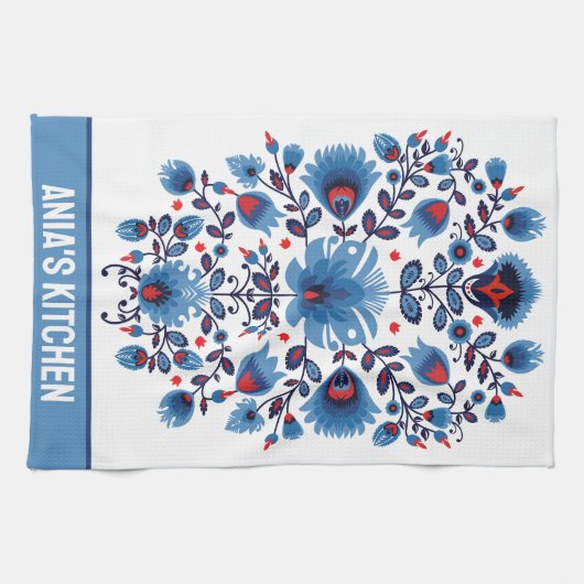 Wycinanki Lowicz Overture in Blue und Red Geschirrtuch (Horizontal)