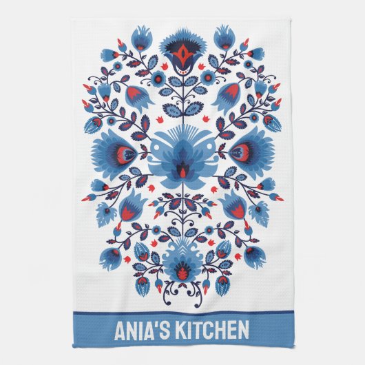 Wycinanki Lowicz Overture in Blue und Red Geschirrtuch (Vertikal)