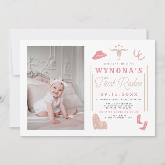 WYNONA Blush Pink 1st Rodeo Cowgirl Birthday Einladung (Vorderseite)