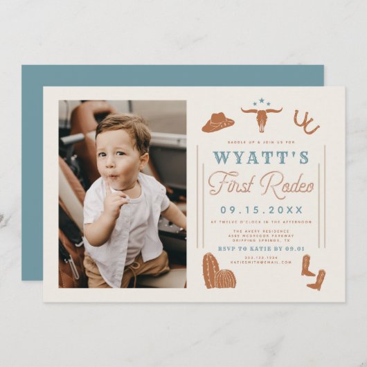 WYNONA Burnt Orange Blue Cowboy 1. Rodeo Geburtsta Einladung (Vorne/Hinten)