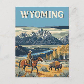 Wyoming Mountain Cowboy Bison Vintage Poster Postkarte