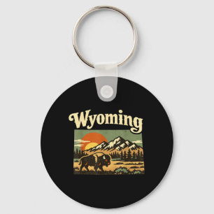 Wyoming State Retro Bison Berg Sonnenuntergang Schlüsselanhänger