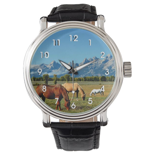 Wyoming, Teton-Gebirge mit Pferdeweiden Armbanduhr (Vorderseite)