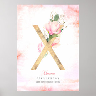 X Buchstabe Monogramm Gold Blätter Rosa Magnolie F Poster