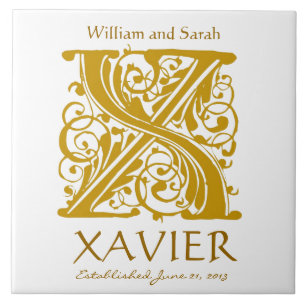 X Gold Monogramm auf Weiß - Namen Hochzeitdatum Ti Fliese