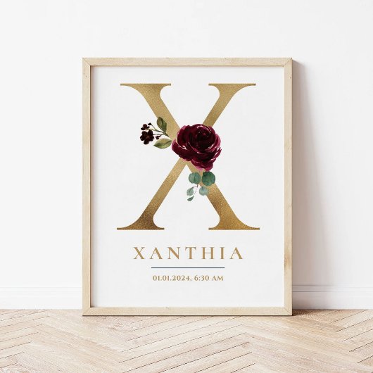 X Letter Monogram Name Marsala Floral Kinderzimmer Poster