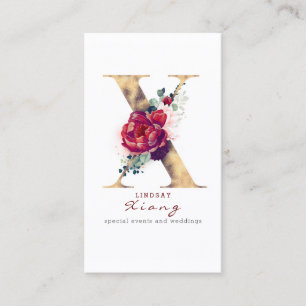 X Monogram Burgundy Red Blume und Gold Glitzer Visitenkarte