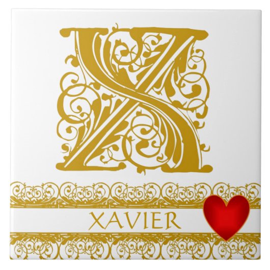 X Monogram Name Gold Lace Red Heft Template Tile Fliese (Vorderseite)