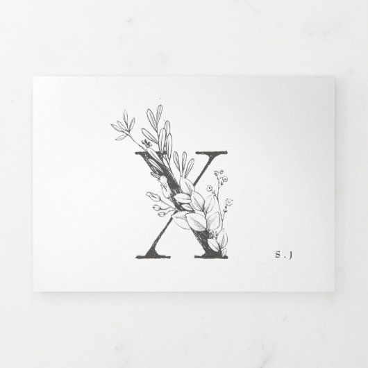 'X' Monogram Schöne gezeichnete Blumenhochzeit Dreifach Gefaltete Einladung (Cover)
